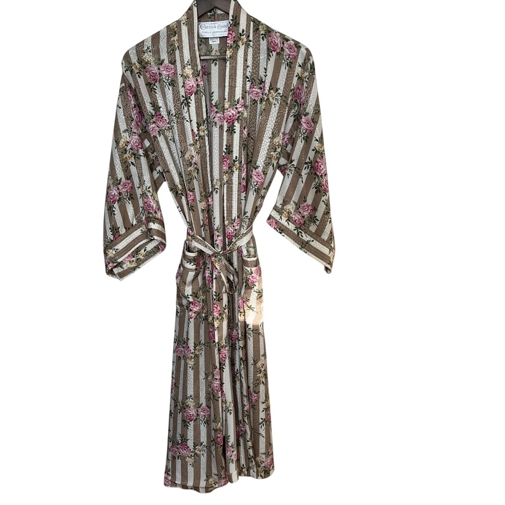 Vintage 70s 80s Cinema Etoile Robe Floral Roses Stripe Long Kimono Sleeve Belted